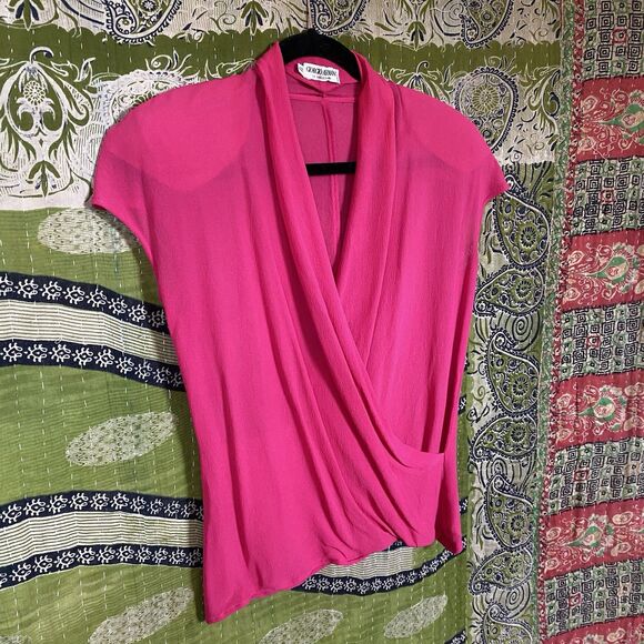 Vintage 80's Giorgio Armani Magenta Silk Semi-Sheer Wrap Front Blouse Size 10 - Picture 7 of 16